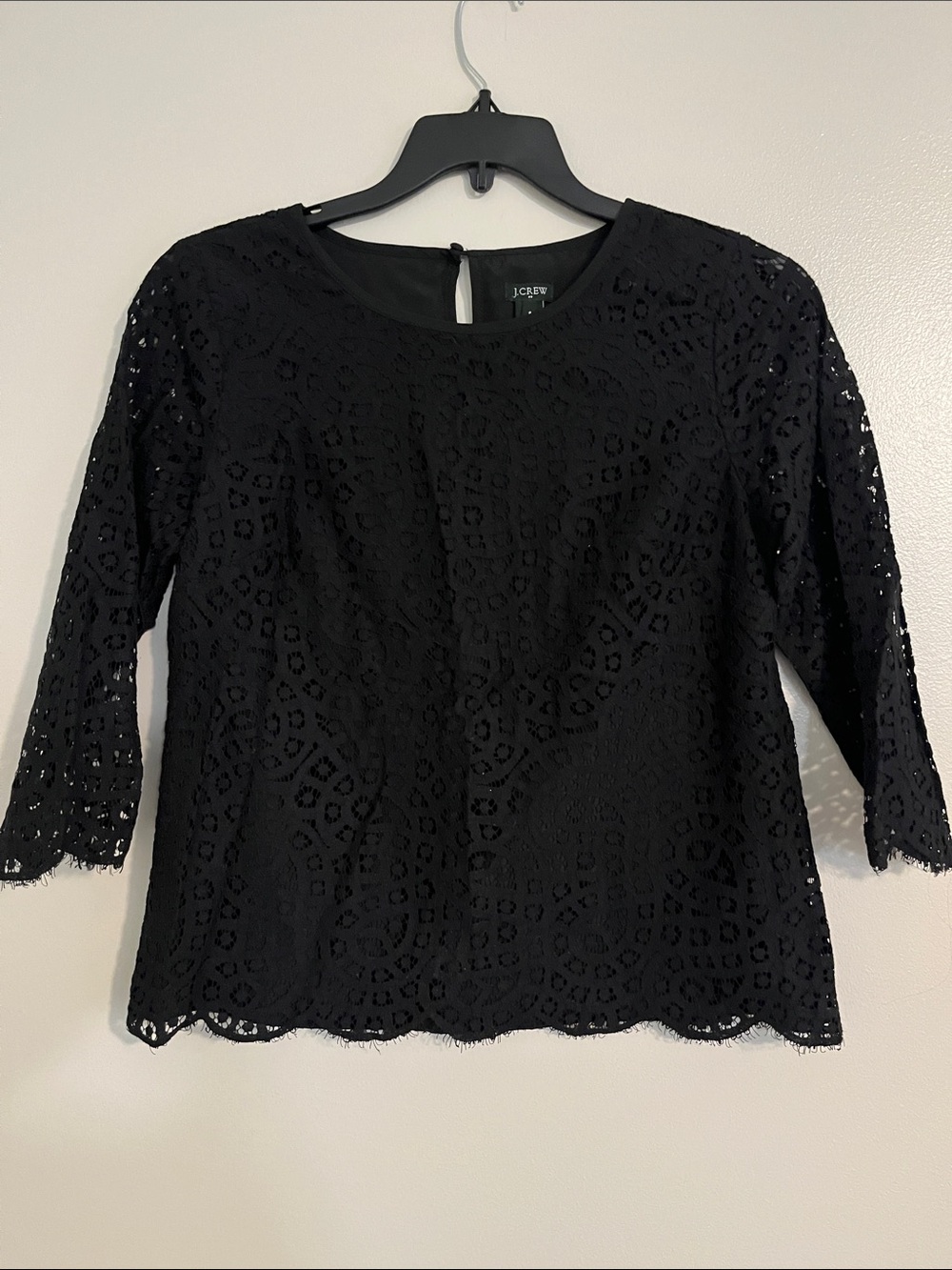 J. Crew Black Lace Scoop Neck Three-Quarter Sleeve Top